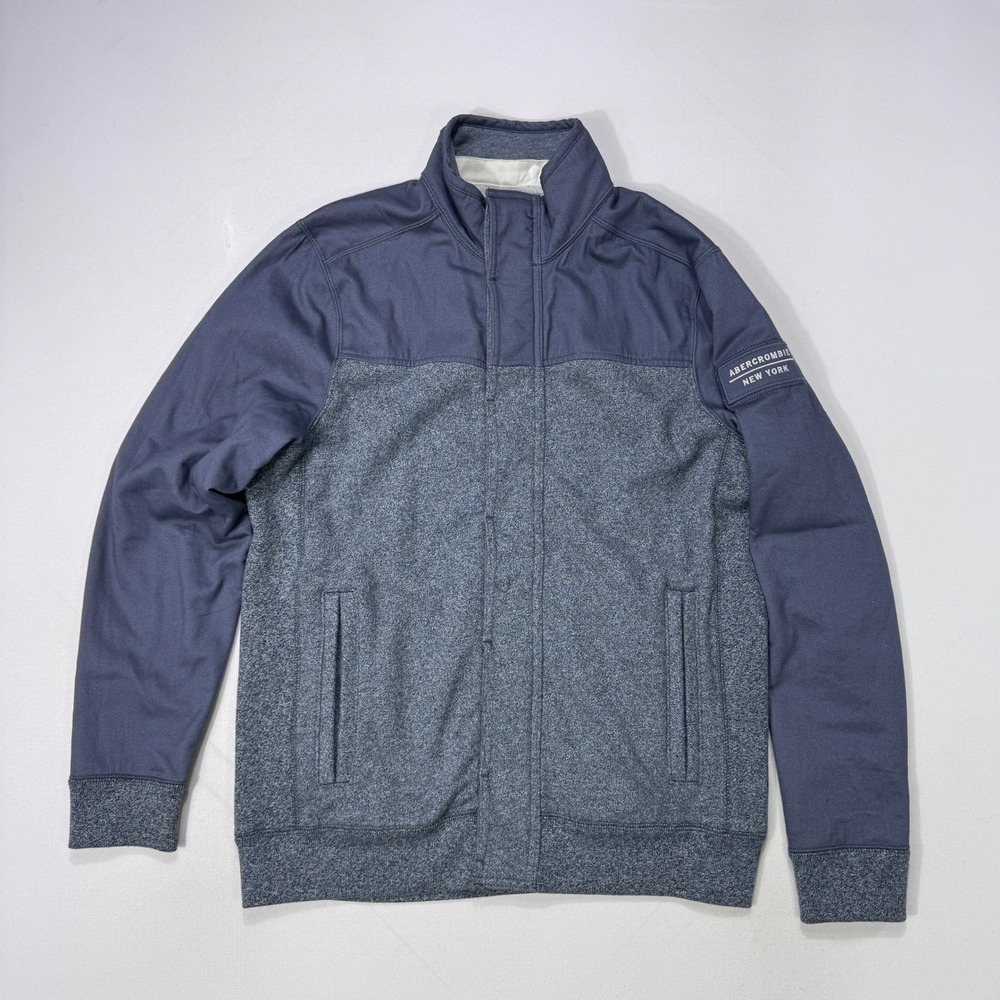 Abercrombie & Fitch Men Medium Gray Full Zip Button Mock Neck Fleece Jacket Logo